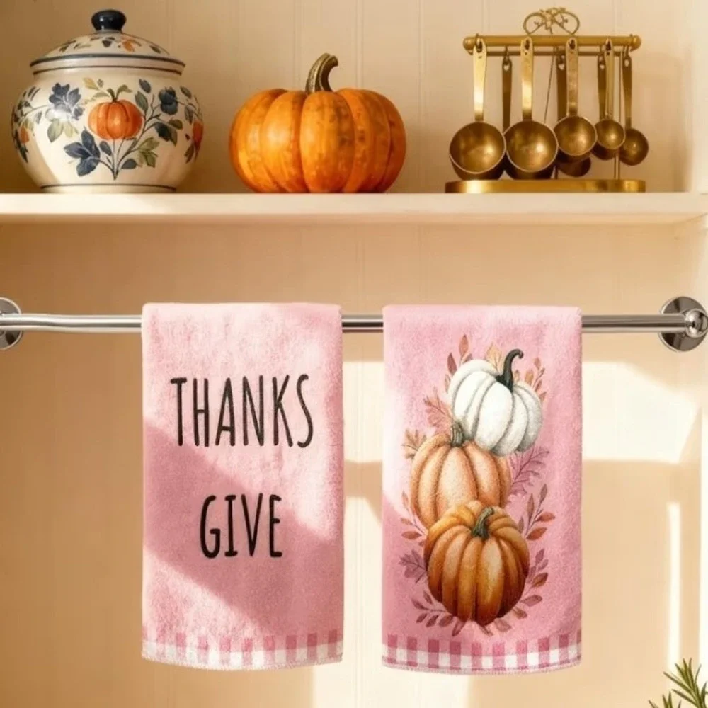 Pink Fall Pumpkin‎ Kitchen Towels Set of 4 Thanksgiving Gingham Harvest Decor